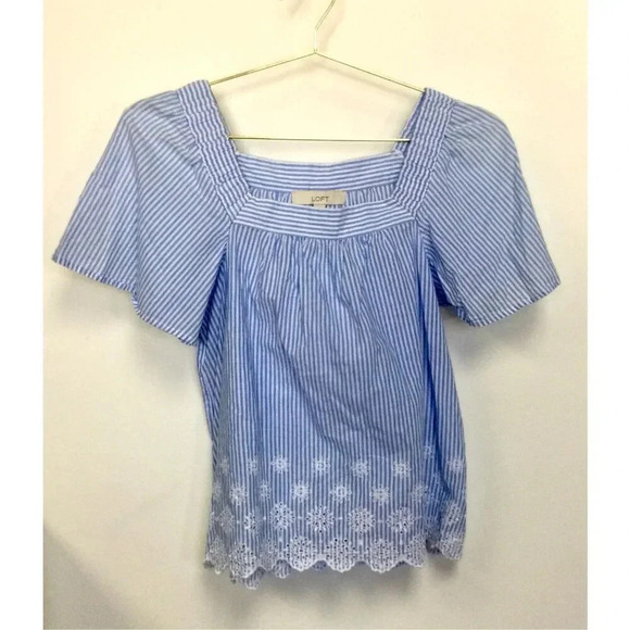 LOFT Womens Light Blue White Striped Embroidered Eyelet Square Neck Blouse Small - Picture 1 of 9